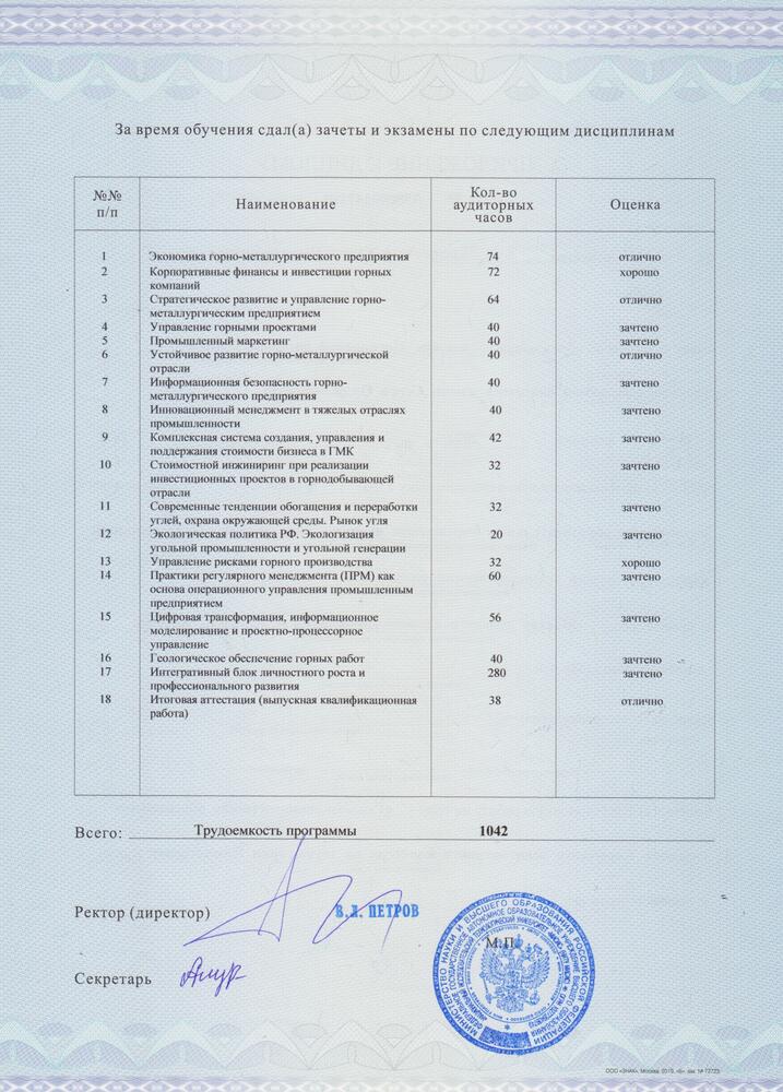 На изображении пример приложения к диплому MBA
